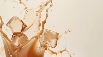 Aufkleber - Milk Tea fall ice cube cool pouring down in Shape form line Milk Ice coffee splash into drop dropet chocolate cocoa attack fluttering explosion in air White background isolated stop mo : Generative AI