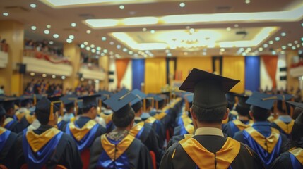 Rear view of the university graduates line up for degree award in university graduation ceremony.