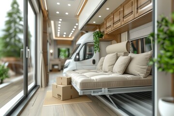 Poster - Modern interior of a truck with cozy furniture and potted plants, showcasing a clean, bright, and organized living space, perfect for comfortable travel and relocation.