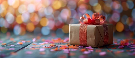 Wall Mural - Beautifully wrapped gift box with a red ribbon in colorful bokeh lights background; perfect for celebrations, holidays, and special occasions.