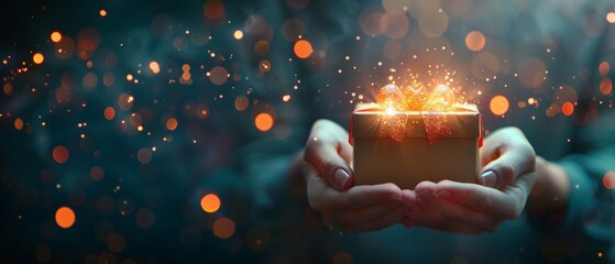 hands holding a glowing gift box with festive lights in the background, symbolizing the magic and wo