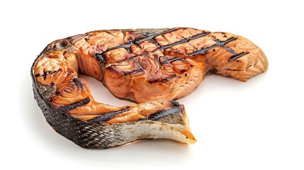 Wall Mural - Grilled salmon fish steak isolated on white background Roasted salmon piece  healthy food ingredient : Generative AI