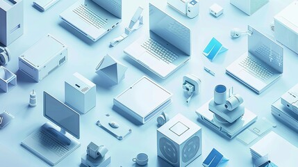 Leinwandbilder - Assortment of various electronic devices including computers, laptops, and liaisons in isometric design with white and blue colors. Generative AI