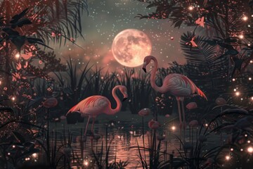 Wall Mural - Flamingos are standing in the water at night with a full moon