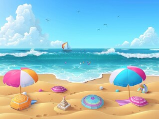 Wall Mural - Serene Beach with Colorful Umbrellas and Gentle Waves - Perfect Summer Vacation Destination with Clear Skies and Tranquil Waters