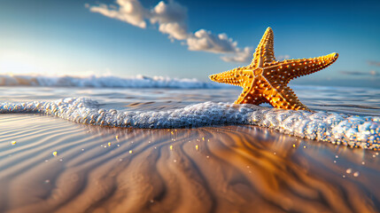Wall Mural - Single Starfish on Sandy Beach, Close-Up of Marine Life in Natural Setting, Relaxing Summer Vacation Scene