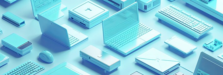 Aufkleber - Several blue laptops are stacked on top of each other. Generative AI