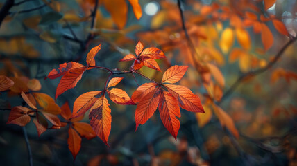 Poster - Tree leaves in fall colors. Beautiful autumn colors,  defocused image, bokeh background.