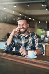 Poster - Coffee shop, phone call and happy man with drink, caffeine beverage and cappuccino. Restaurant, cafeteria and person networking with smartphone for discussion, communication and online conversation