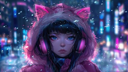 Poster - Beautiful anime girl with cat ears and pink fur wearing cyberpunk in a full body portrait. 