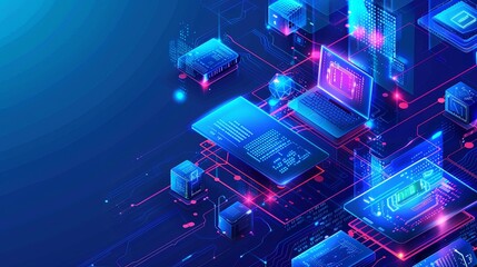 Leinwandbilder - Isometric icon of computers, laptops, liaisons, and technology equipment on a blue background with copy space. Ideal for computer service and tech repair concepts. Generative AI
