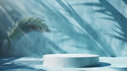 Fototapete - Minimal product placement background with palm shadow on blue plaster wall Luxury summer architecture interior aesthetic Boho home room for product platform stage mockup : Generative AI