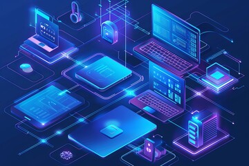 Leinwandbilder - Array of computers, laptops, and liaisons emitting soft blue lights. Ideal for computer service, tech repair, or cloud storage concepts. Generative AI