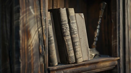 Wall Mural - Old books on a wooden shelf : Generative AI