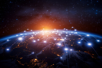 Wall Mural - global network on earth from space, world finance connectivity, business trading, telecommunications