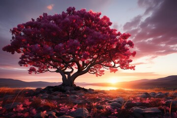 Wall Mural - Cherry in flower under the golden sunset., generative IA