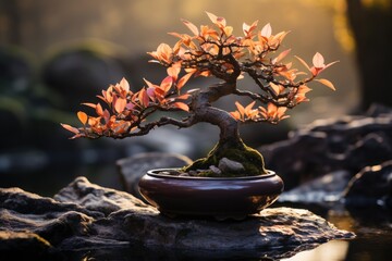 Wall Mural - Bonsai under sunset miniature serenity., generative IA