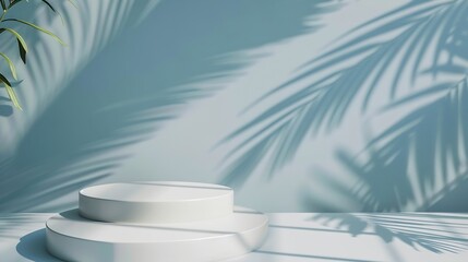 Poster - An elegantly simple white podium setup with the serene shadow of a palm leaf cast on a smooth blue background : Generative AI