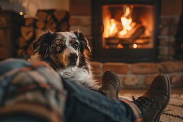 Canvas Print - A cozy scene from a dog's perspective, lying by a warm fireplace and looking up at its human