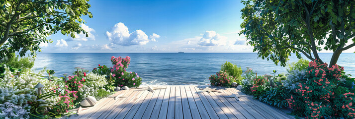 Wall Mural - Tranquil Sea Pier Extending into a Turquoise Ocean, Idyllic Summer Vacation Destination with Clear Blue Sky