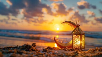 Wall Mural - Shiny golden crescent moon with star lantern and arabic lantern on sea beach at beautiful sunset sky with cloud