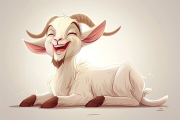 Wall Mural - happy cute goat cartoon smiling with white teeth isolated on white background, side view 