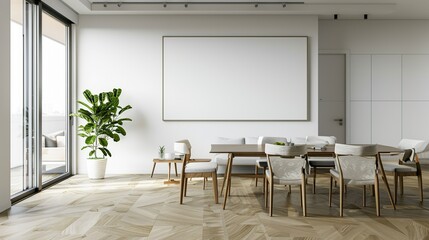 Wall Mural - Modern interior design of apartment, dining room with table and chairs, empty living . Generative Ai