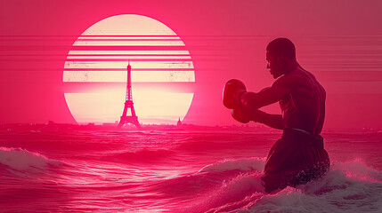 Wall Mural - simple line art minimalist collage illustration with professional boxer practicing punches and Eiffel Tower in the background,