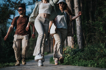 Wall Mural - A group of happy friends casually strolling down a path, surrounded by nature, exuding a sense of freedom and carelessness.