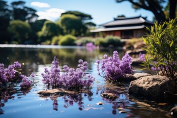 Wall Mural - Lavender in Japanese Zen Garden with Ponte and Pagoda., generative IA