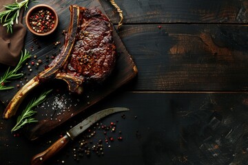 Wall Mural - Top view of tomahawk steak with spices on black wooden table.