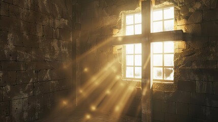 Wall Mural - illuminated cross with shroud sunlight through window 3d render