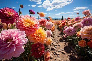 Wall Mural - Tulip field at sunset., generative IA