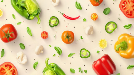 fresh vegetables and spices scattered on a light cream background