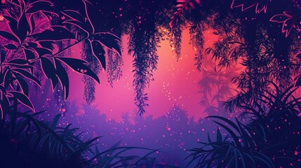Wall Mural - abstract neon background with willow trees and plants, dark purple and pink colors