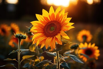 Wall Mural - Sunflower at sunset golden serenity., generative IA