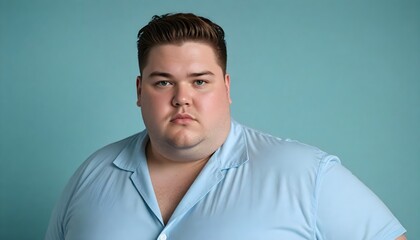 Wall Mural - overweight plus size male model front posing over a pastel blue background