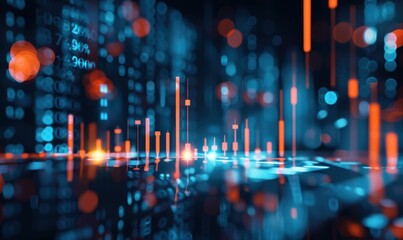 Digital stock market graph with candlestick chart and bar graphs on blue background.