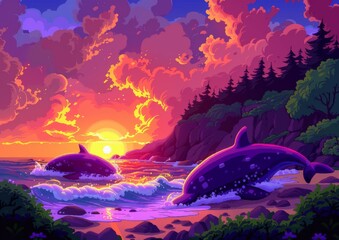 Wall Mural - Stunning Sunset Over Ocean with Majestic Whales Near Coastline and Forest in Vibrant, Colorful, Dreamlike Scene