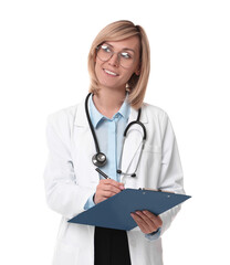 Wall Mural - Smiling doctor with clipboard on white background