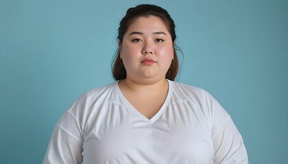 Sticker - asian chubby plus size female with white aesthetic clothes, pastel blue background, overweight female model