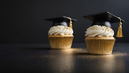 Poster - cupcakes with graduation cap on top. black background
