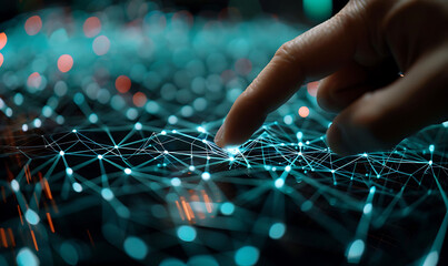 Fototapete - Futuristic scene with a finger touching a virtual screen filled with interconnected nodes and lines, representing digital technology, internet network connection, and data exchange