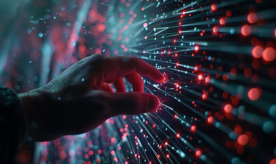 Fototapete - Futuristic scene with a finger touching a virtual screen filled with interconnected nodes and lines, representing digital technology, internet network connection, and data exchange