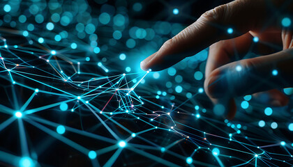 Fototapete - finger touching a virtual screen filled with interconnected nodes and glowing lines, symbolizing the interaction with digital technology, internet networks, and advanced data exchange