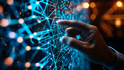 Fototapete - finger touching a virtual screen filled with interconnected nodes and glowing lines, symbolizing the interaction with digital technology, internet networks, and advanced data exchange