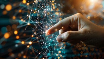 Fototapete - finger touching a virtual screen filled with interconnected nodes and glowing lines, symbolizing the interaction with digital technology, internet networks, and advanced data exchange
