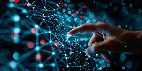 Poster - hand touches a virtual futuristic touchscreen with interconnected nodes and glowing points, representing digital transformation and data exchange
