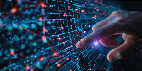 Poster - hand touches a virtual futuristic touchscreen with interconnected nodes and glowing points, representing digital transformation and data exchange