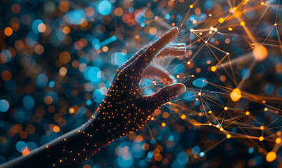 Fototapete - hand touches a virtual futuristic interface filled with glowing nodes and lines, symbolizing big data exchange, internet connectivity, and digital transformation